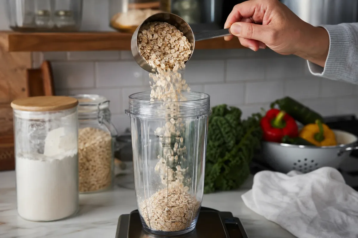 Editorial home-kitchen photo illustrating How to Make Oat Flour at Home in 60 Seconds (tips tricks tip), realistic tools and ingredients in natural light