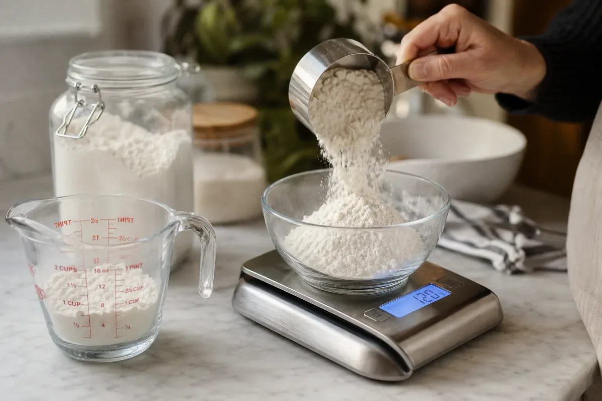 Editorial home-kitchen photo illustrating 1 Cup of Flour Equals How Many Grams? (tips tricks tip), realistic tools and ingredients in natural light