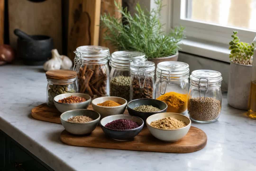 Editorial photo: 10 Essential Spices for Middle Eastern & Mediterranean Cooking (tips tricks tip) — realistic home-kitchen scene with visible tools and ingredie