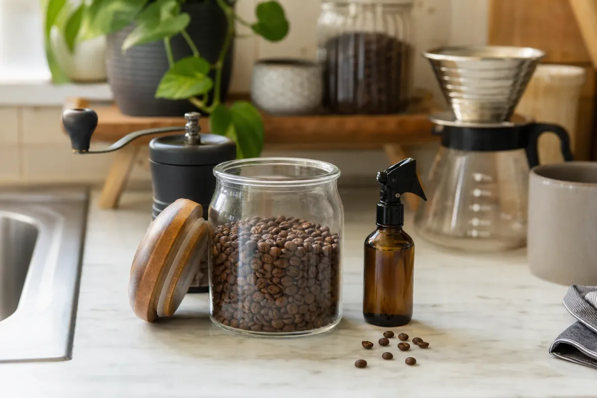 Editorial photo: Anti-Static Moisture Technique for Coffee Beans (tips tricks tip) — realistic home-kitchen scene with visible tools and ingredients in natural
