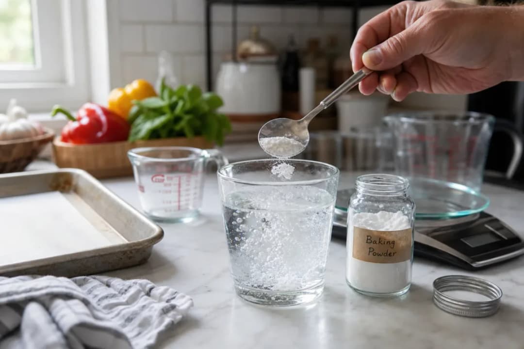 Editorial photo: Test Baking Powder Freshness with the Oven Glass Trick (pro techniques tip) — realistic home-kitchen scene with visible tools and ingredients i