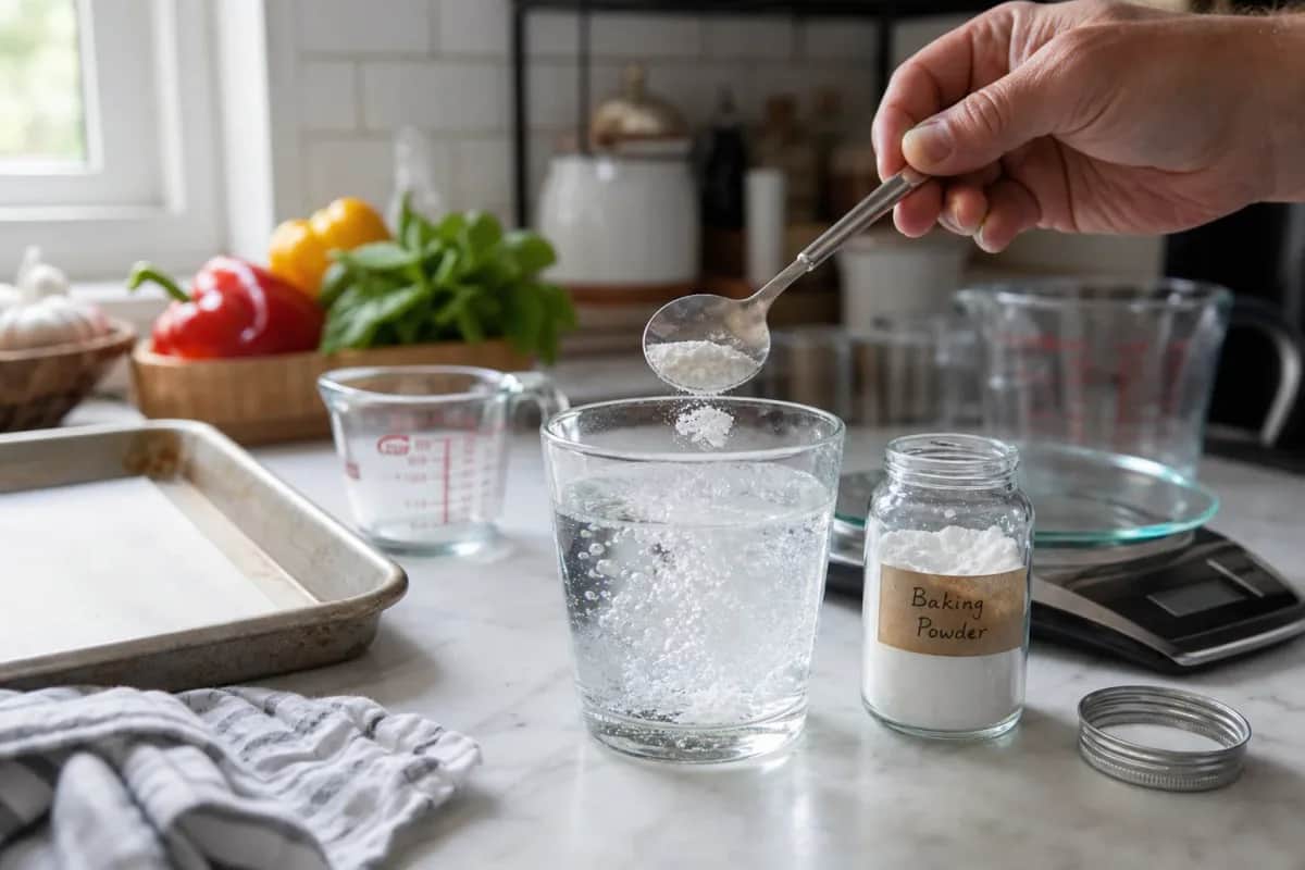 Editorial photo: Test Baking Powder Freshness with the Oven Glass Trick (pro techniques tip) — realistic home-kitchen scene with visible tools and ingredients i