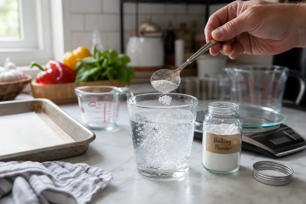 Editorial photo: Test Baking Powder Freshness with the Oven Glass Trick (pro techniques tip) — realistic home-kitchen scene with visible tools and ingredients i
