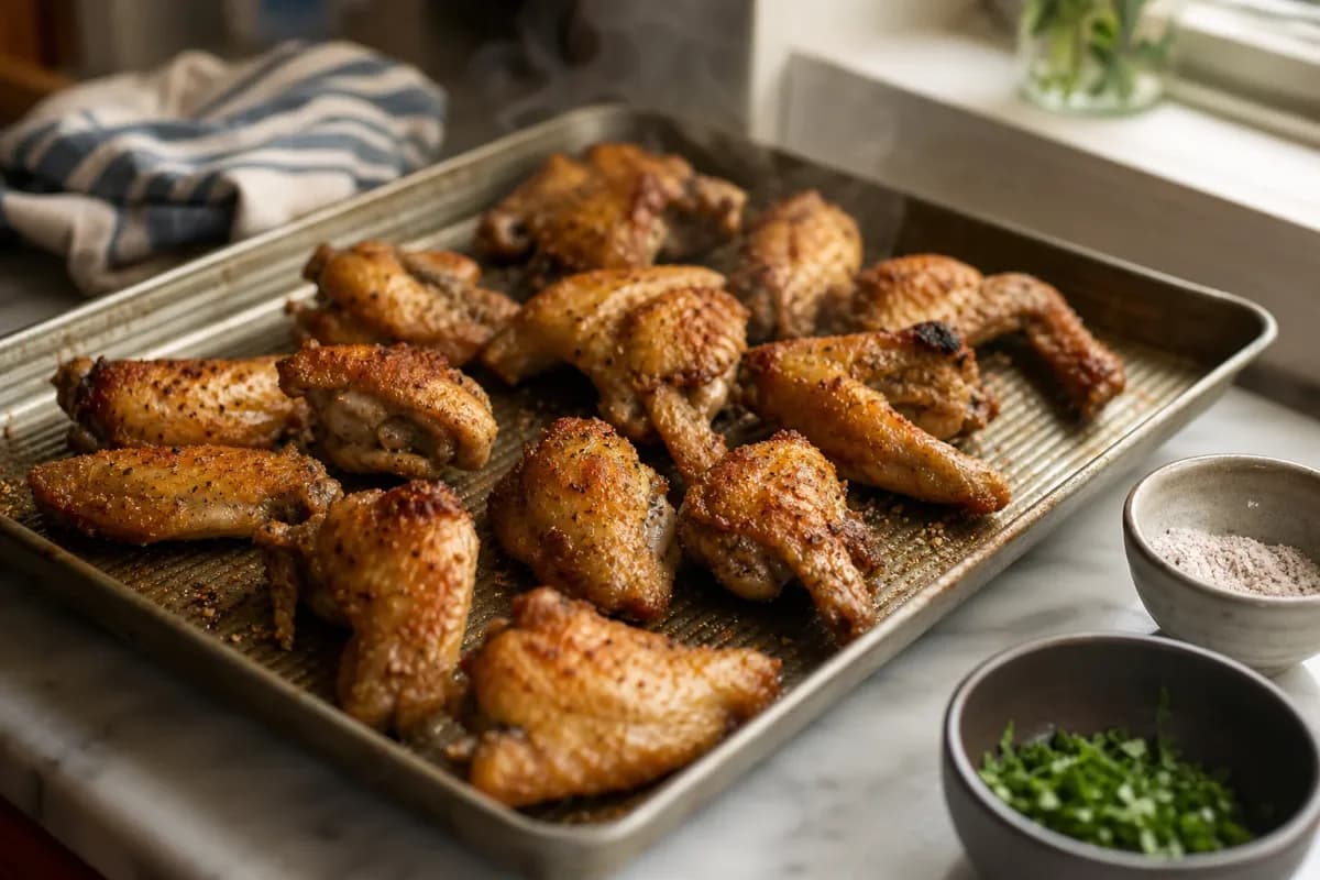 Editorial photo: Baking Soda & Cornstarch Soak for Crispy Wings (tips tricks tip) — realistic home-kitchen scene with visible tools and ingredients in natural l