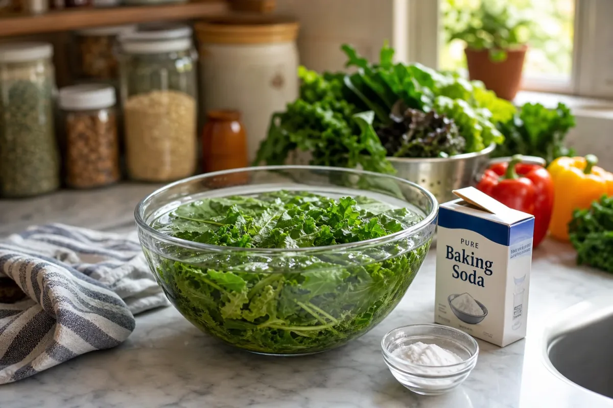 Editorial photo: Baking Soda Soak to Remove Bitterness from Greens (tips tricks tip) — realistic home-kitchen scene with visible tools and ingredients in natura