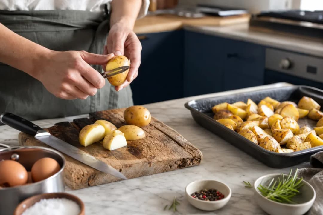Editorial photo: The Baking Soda Trick for Crispy Roasted Potatoes (tips tricks tip) — realistic home-kitchen scene with visible tools and ingredients in natura