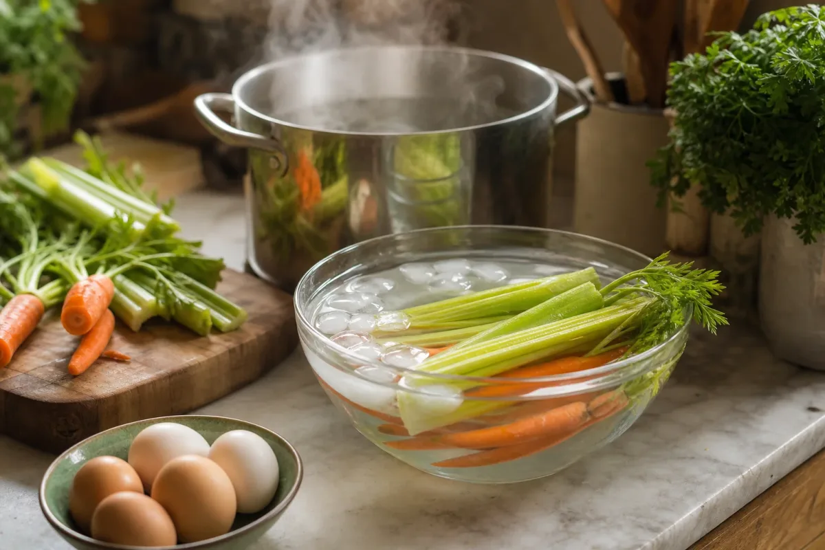 Editorial photo: Revive Limp Celery and Carrots with Boiling Water (tips tricks tip) — realistic home-kitchen scene with visible tools and ingredients in natura