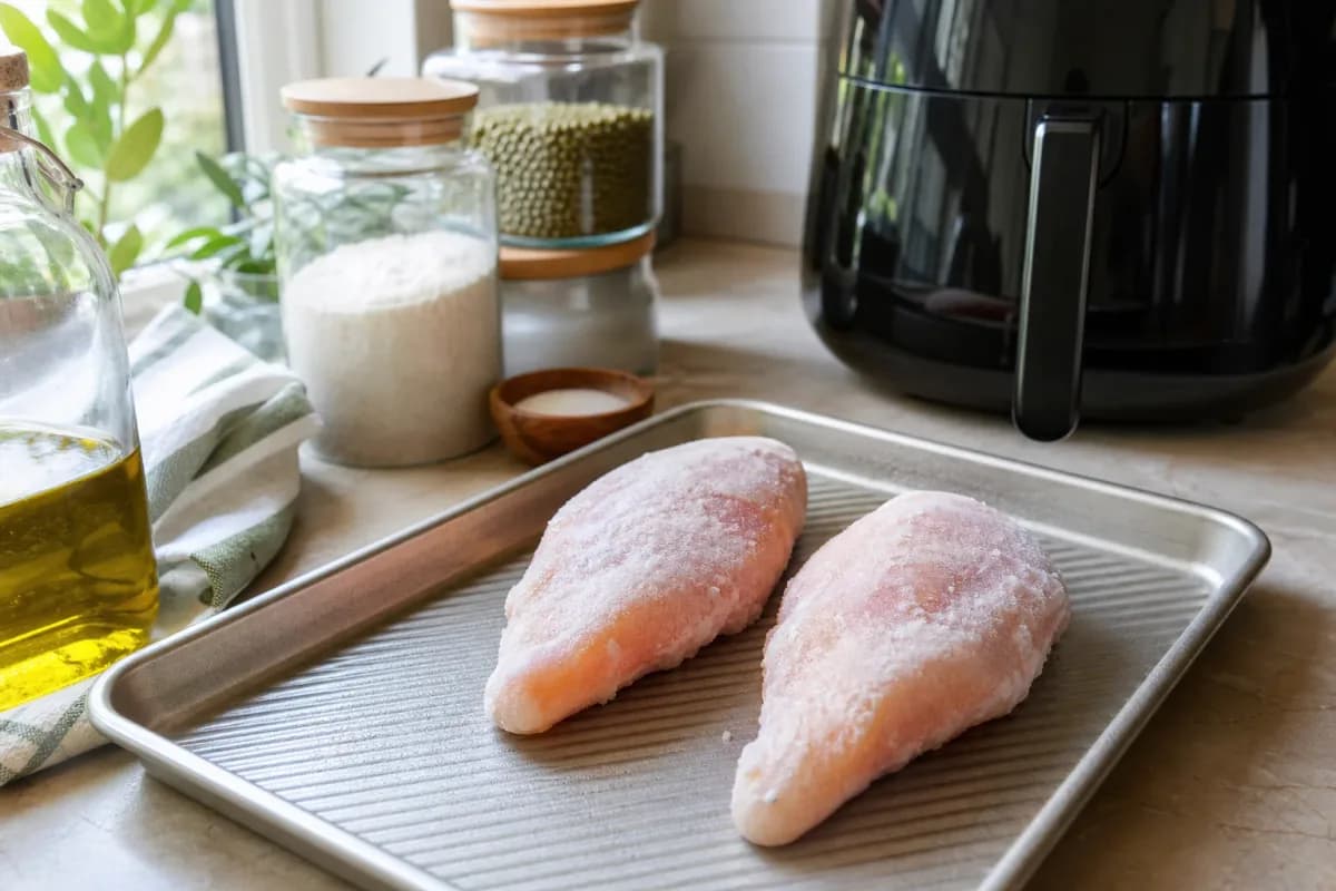 Editorial home-kitchen photo illustrating Can You Cook Frozen Chicken in an Air Fryer? (tips tricks tip), realistic tools and ingredients in natural light