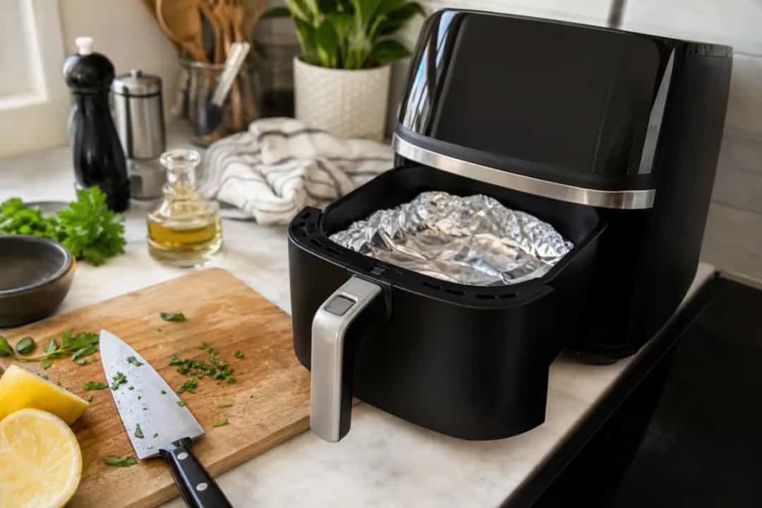 Editorial home-kitchen photo illustrating Can You Put Aluminum Foil in an Air Fryer? Safety Rules (tips tricks tip), realistic tools and ingredients in natural