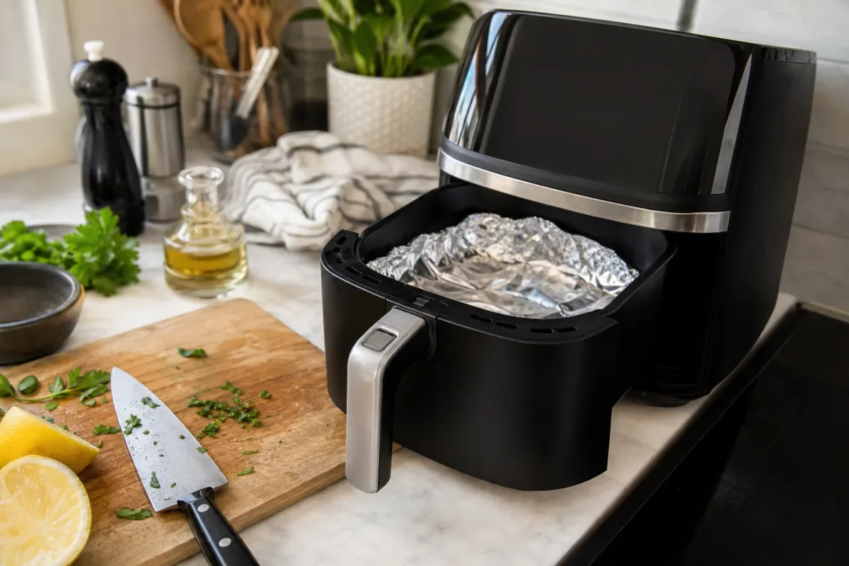Editorial home-kitchen photo illustrating Can You Put Aluminum Foil in an Air Fryer? Safety Rules (tips tricks tip), realistic tools and ingredients in natural