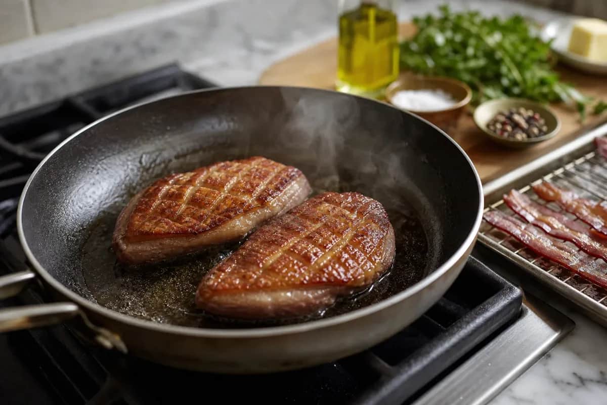 Editorial photo: The Cold-Pan Technique for Crisp Duck Breast & Bacon (pro techniques tip) — realistic home-kitchen scene with visible tools and ingredients in