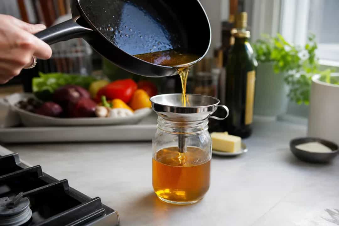 Editorial home-kitchen photo illustrating How to Dispose of Used Cooking Oil Safely at Home (tips tricks tip), realistic tools and ingredients in natural light