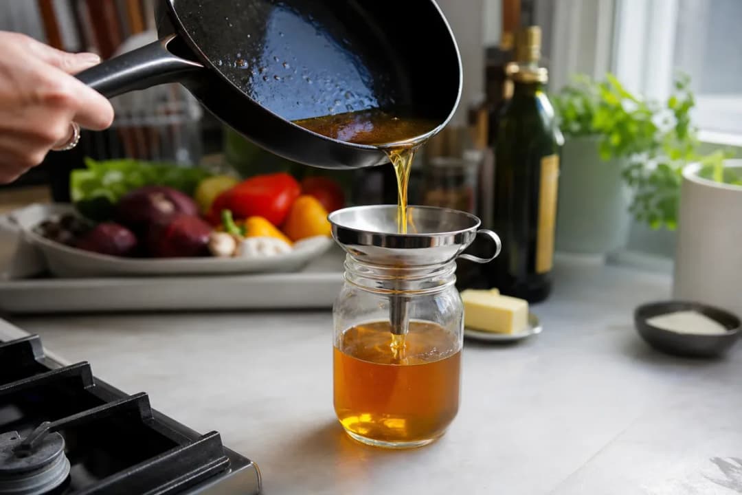 Editorial home-kitchen photo illustrating How to Dispose of Used Cooking Oil Safely at Home (tips tricks tip), realistic tools and ingredients in natural light