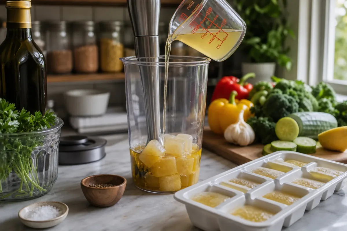 Editorial photo: Emulsifying Vinaigrettes with Frozen Ice Cubes (tips tricks tip) — realistic home-kitchen scene with visible tools and ingredients in natural l