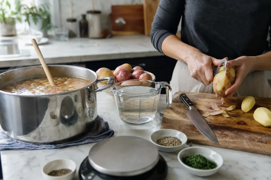 Editorial photo: How to Fix Oversalted Soup: 3 Kitchen Methods (quick fixes tip) — realistic home-kitchen scene with visible tools and ingredients in natural li