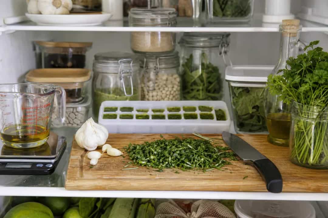 Editorial photo: How to Freeze Fresh Herbs in Olive Oil (storage organization tip) — realistic home-kitchen scene with visible tools and ingredients in natural