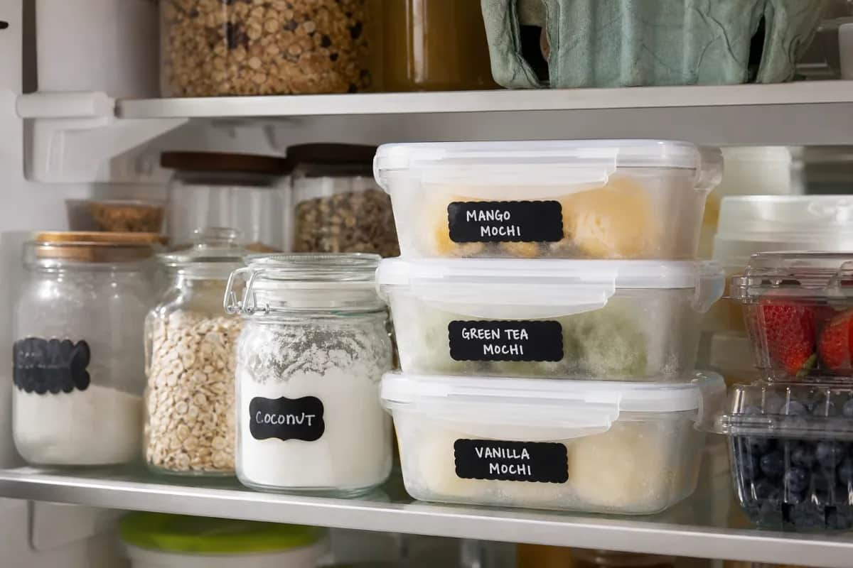 Editorial photo: The Freeze-Proof Mochi Trick for Softer Ice Cream (storage organization tip) — realistic home-kitchen scene with visible tools and ingredients