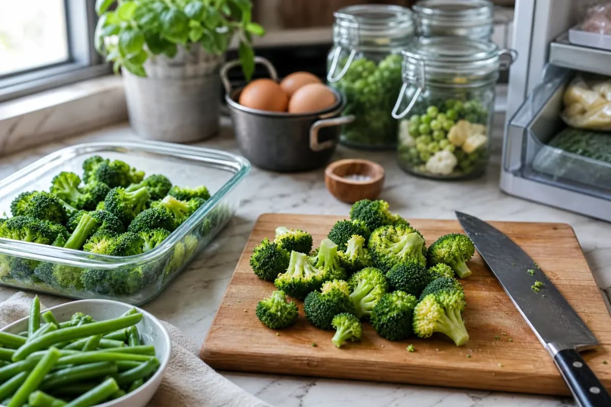Editorial home-kitchen photo illustrating How to Freeze Fresh Vegetables Without Losing Crispness (tips tricks tip), realistic tools and ingredients in natural