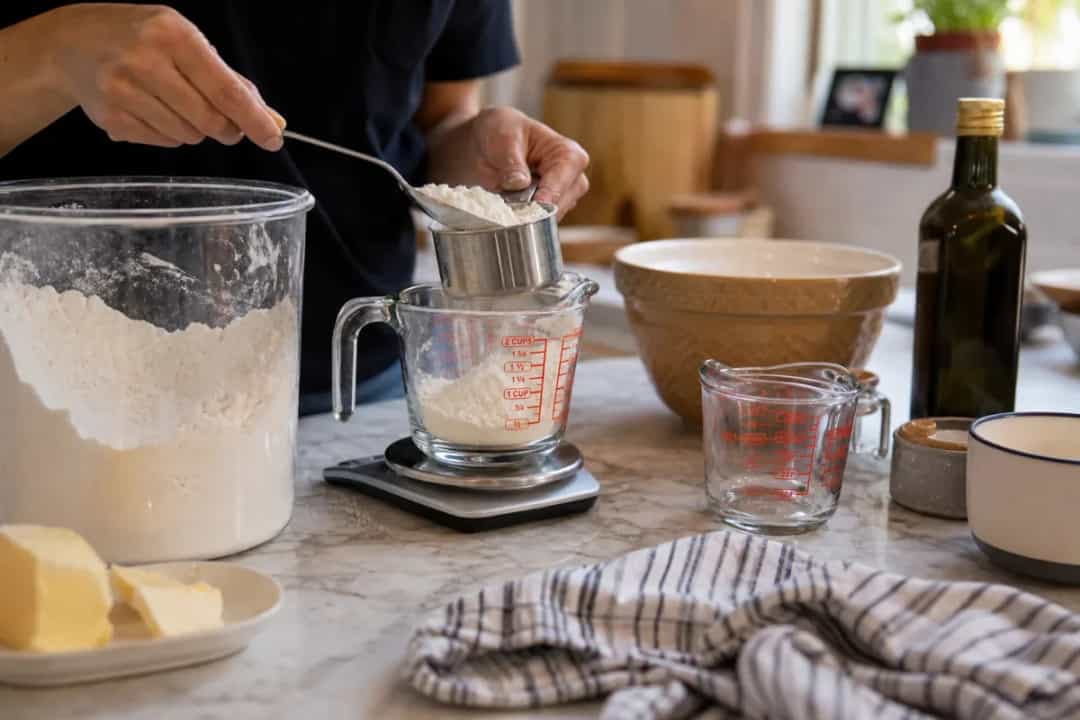 Editorial home-kitchen photo illustrating Gram-to-Cup Converter for Baking Ingredients (tips tricks tip), realistic tools and ingredients in natural light