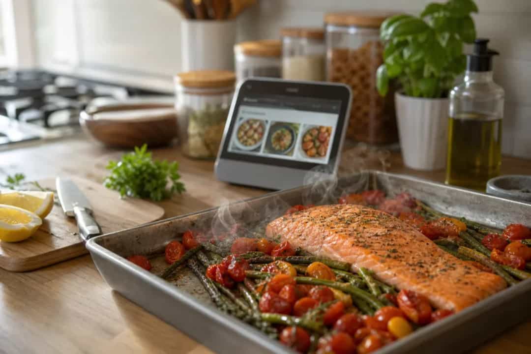 Editorial photo: How AI Is Transforming Home Cooking (pro techniques tip) — realistic home-kitchen scene with visible tools and ingredients in natural light