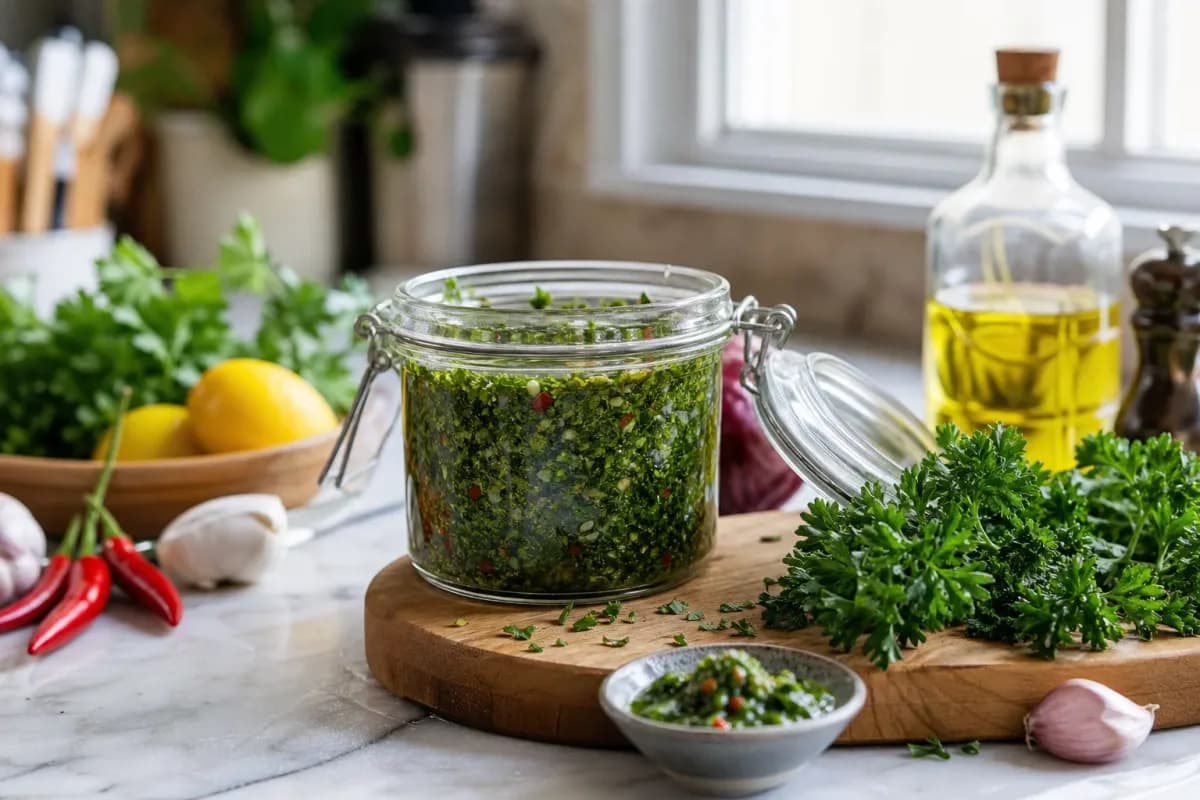 Editorial home-kitchen photo illustrating How Long Does Chimichurri Last? (tips tricks tip), realistic tools and ingredients in natural light