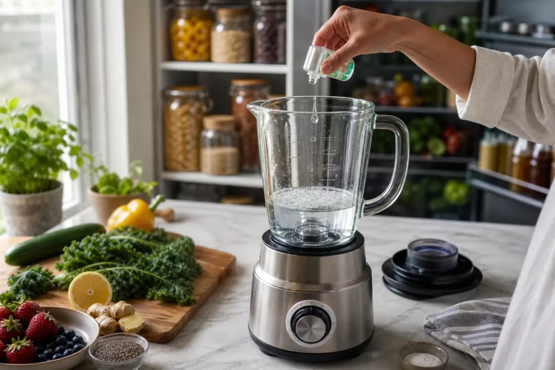 Editorial home-kitchen photo illustrating How to Clean a Blender Safely (tips tricks tip), realistic tools and ingredients in natural light