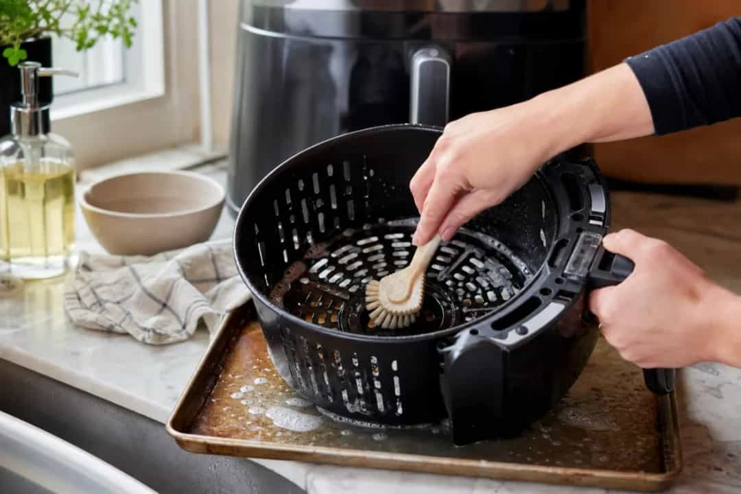 Editorial home-kitchen photo illustrating How to Clean an Air Fryer Basket (tips tricks tip), realistic tools and ingredients in natural light