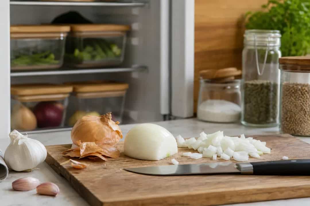 Editorial home-kitchen photo illustrating How to Cut an Onion Without Crying (tips tricks tip), realistic tools and ingredients in natural light