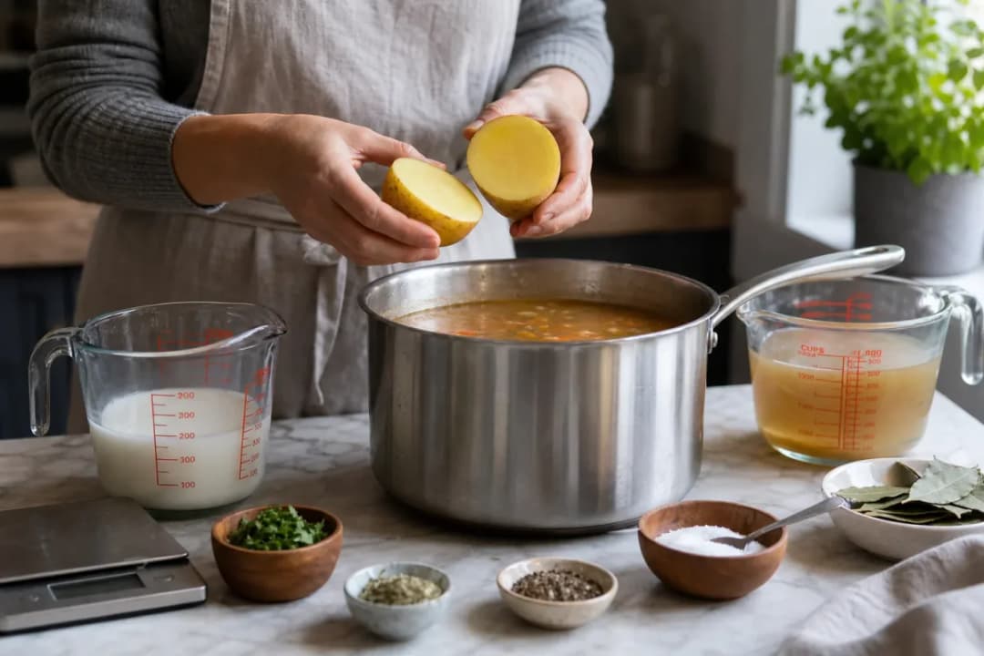 Editorial home-kitchen photo illustrating How to Fix Too Much Salt in Soup or Sauce (tips tricks tip), realistic tools and ingredients in natural light