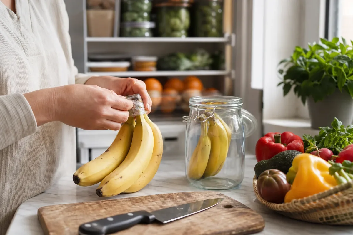 Editorial home-kitchen photo illustrating How to Keep Bananas from Turning Brown (tips tricks tip), realistic tools and ingredients in natural light