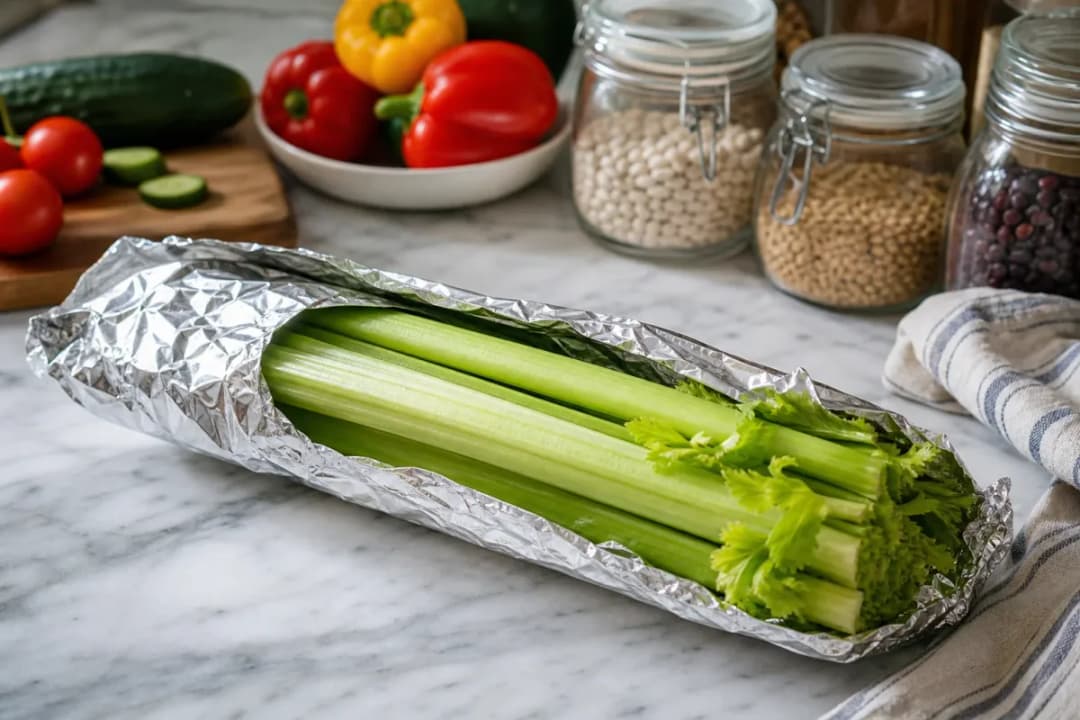 Editorial home-kitchen photo illustrating How to Keep Celery Crispy for a Month (tips tricks tip), realistic tools and ingredients in natural light
