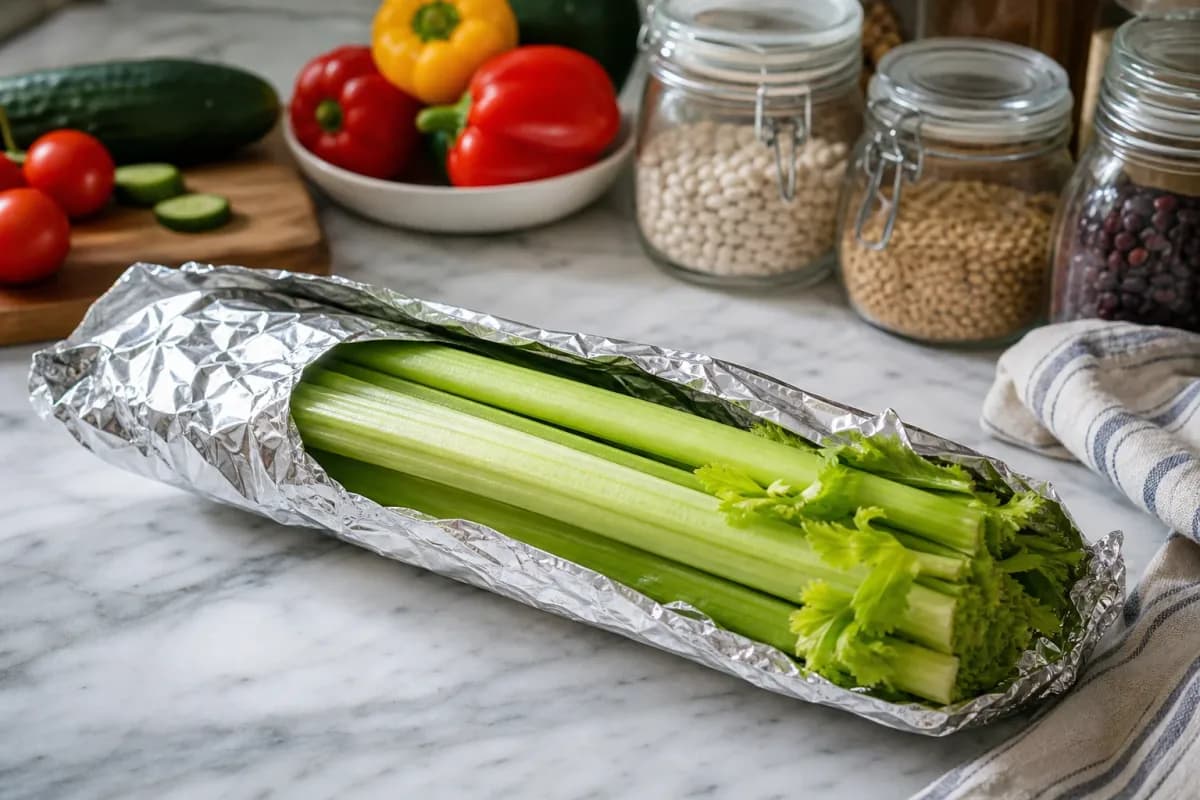 Editorial home-kitchen photo illustrating How to Keep Celery Crispy for a Month (tips tricks tip), realistic tools and ingredients in natural light