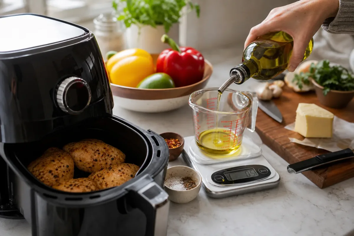 Editorial home-kitchen photo illustrating How to Keep Food from Drying Out in the Air Fryer (tips tricks tip), realistic tools and ingredients in natural light