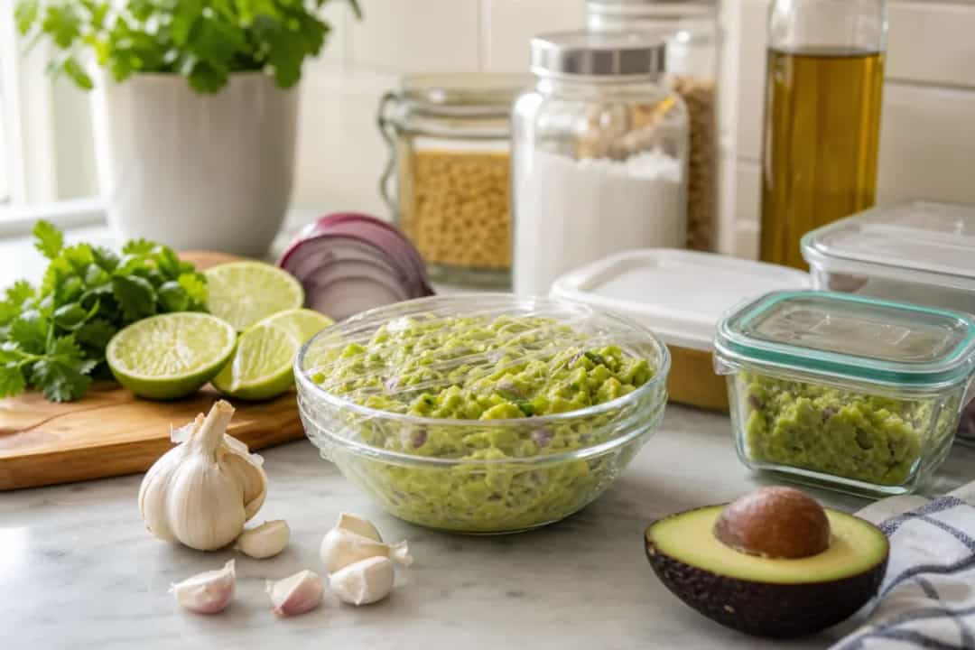 Editorial home-kitchen photo illustrating How to Keep Guacamole from Turning Brown (tips tricks tip), realistic tools and ingredients in natural light