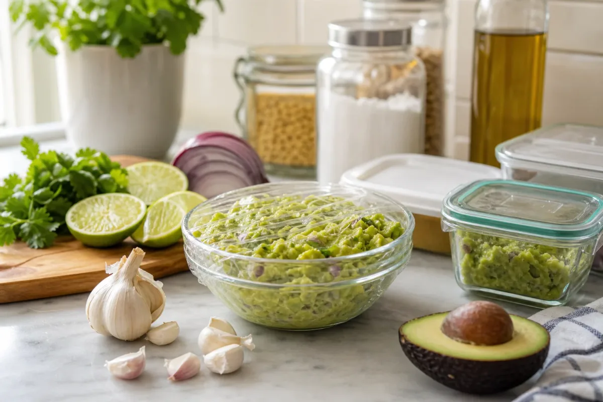 Editorial home-kitchen photo illustrating How to Keep Guacamole from Turning Brown (tips tricks tip), realistic tools and ingredients in natural light