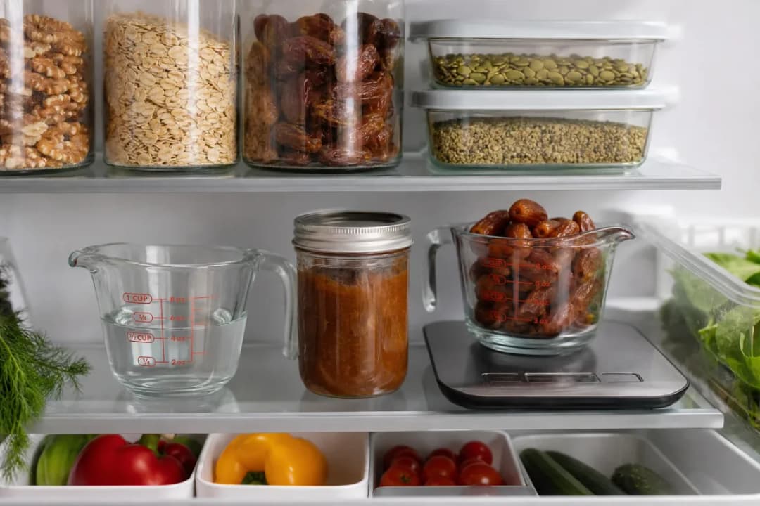Measuring cup and kitchen scale with ingredient portion for accurate cooking conversion
