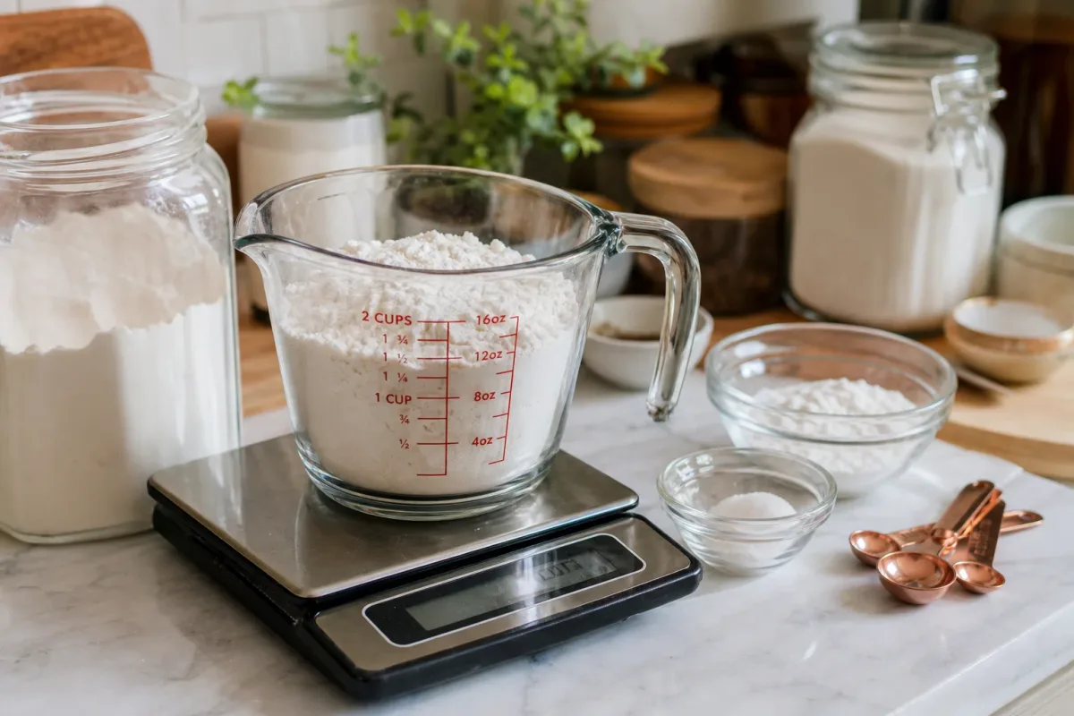Editorial home-kitchen photo illustrating How to Make Self-Rising Flour at Home (3 Ingredients) (tips tricks tip), realistic tools and ingredients in natural li