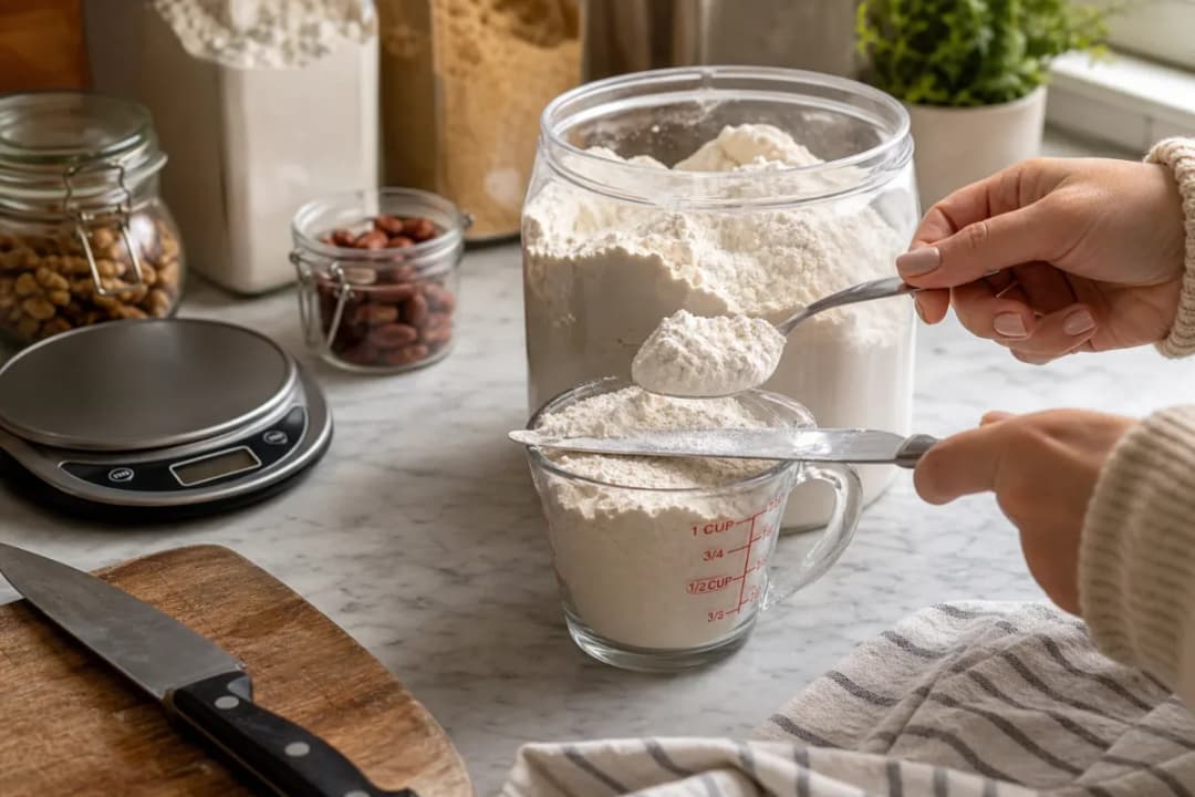 Editorial home-kitchen photo illustrating How to Measure Flour Correctly Without a Scale (tips tricks tip), realistic tools and ingredients in natural light