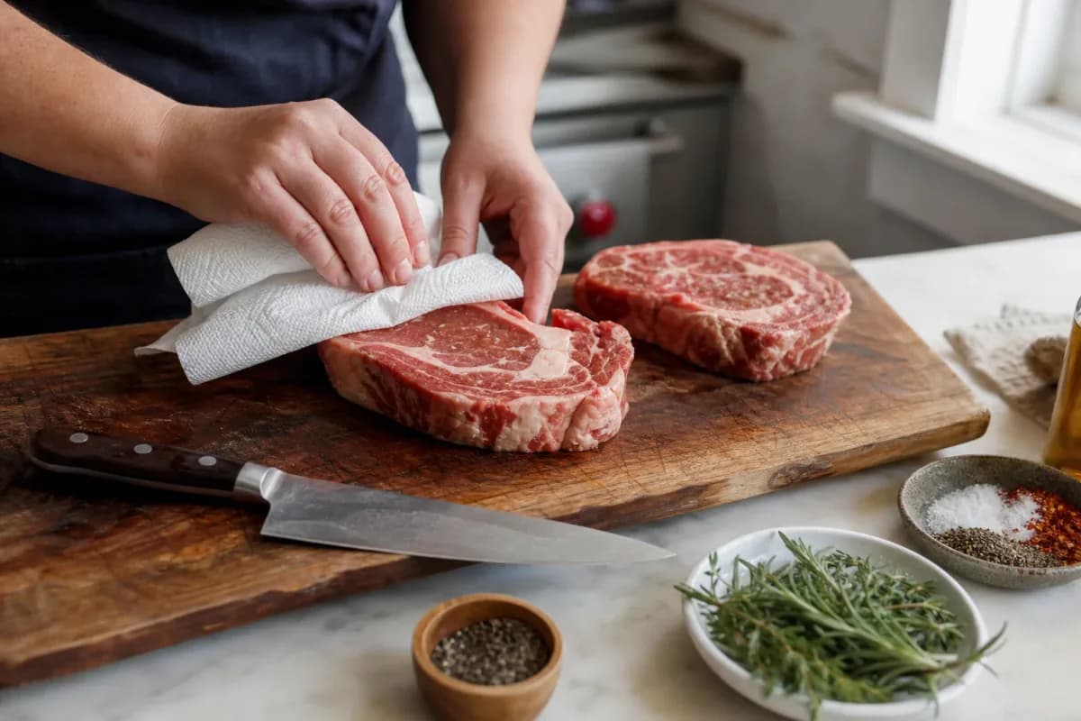 Editorial home-kitchen photo illustrating How to Pat Dry Meat for the Ultimate Sear (tips tricks tip), realistic tools and ingredients in natural light