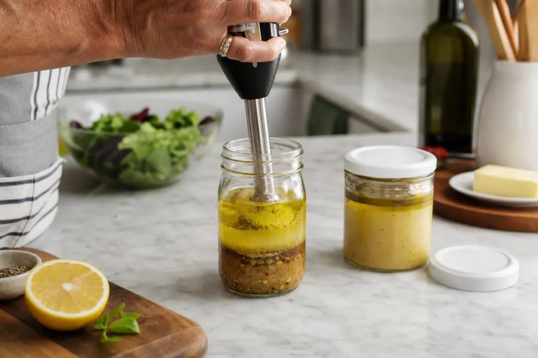 Editorial photo: How to Re-Emulsify Separated Dressings in 10 Seconds (pro techniques tip) — realistic home-kitchen scene with visible tools and ingredients in
