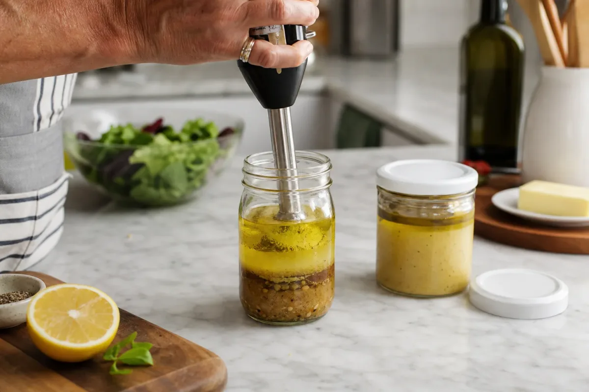 Editorial photo: How to Re-Emulsify Separated Dressings in 10 Seconds (pro techniques tip) — realistic home-kitchen scene with visible tools and ingredients in