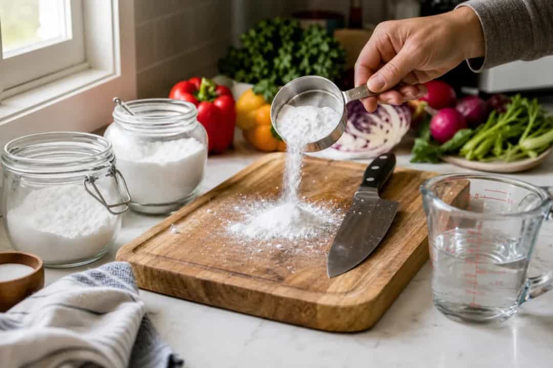 Editorial home-kitchen photo illustrating How to Remove Odors from Wooden Cutting Boards (tips tricks tip), realistic tools and ingredients in natural light