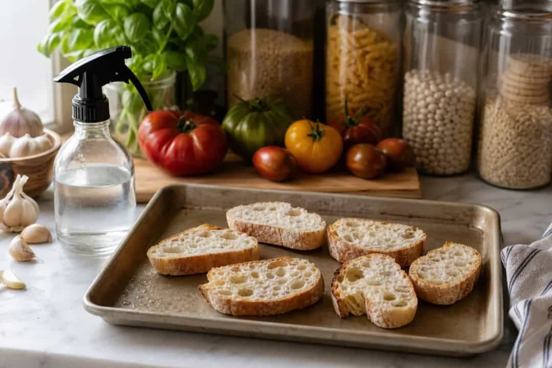 Editorial photo: How to Revive Stale Bread: The Magic Water Hack (tips tricks tip) — realistic home-kitchen scene with visible tools and ingredients in natural