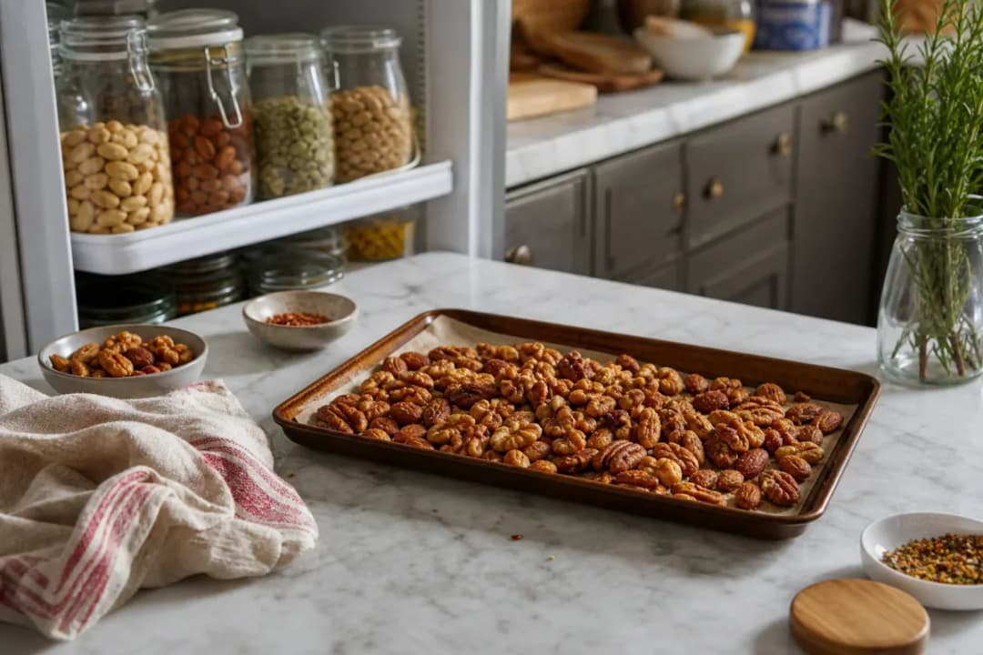 Editorial photo: How to Roast Nuts Without Burning Them (quick fixes tip) — realistic home-kitchen scene with visible tools and ingredients in natural light