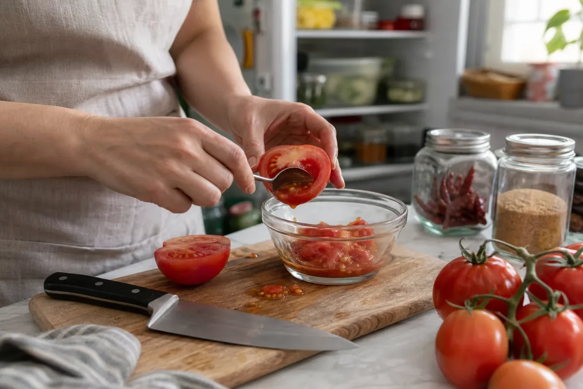 Editorial photo: How to Seed Tomatoes Fast Without Losing Juices (tips tricks tip) — realistic home-kitchen scene with visible tools and ingredients in natural