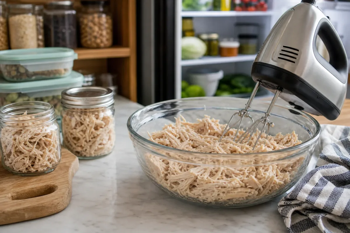 Editorial home-kitchen photo illustrating How to Shred Chicken in Seconds Using a Hand Mixer (tips tricks tip), realistic tools and ingredients in natural light