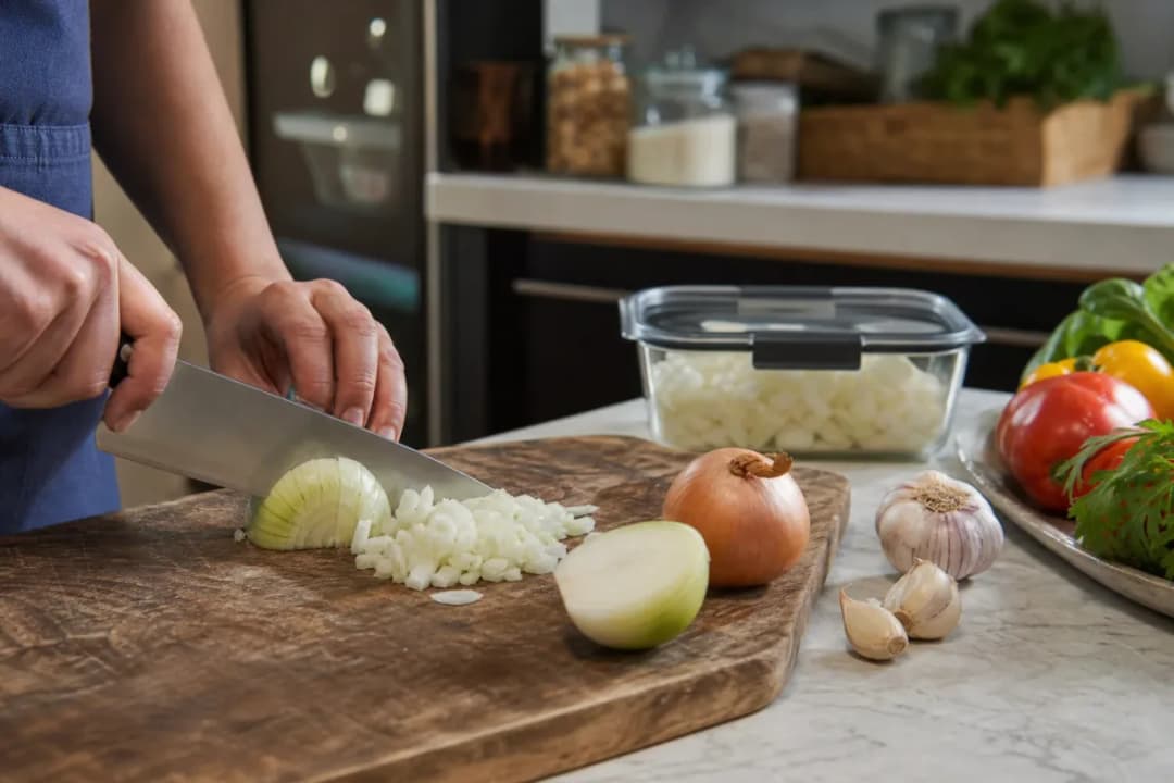 Editorial photo: How to Stop Onions from Making You Cry (pro techniques tip) — realistic home-kitchen scene with visible tools and ingredients in natural light