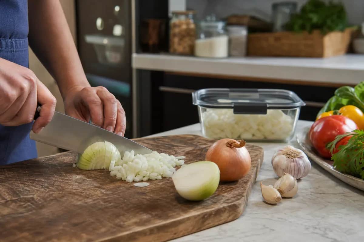 Editorial photo: How to Stop Onions from Making You Cry (pro techniques tip) — realistic home-kitchen scene with visible tools and ingredients in natural light