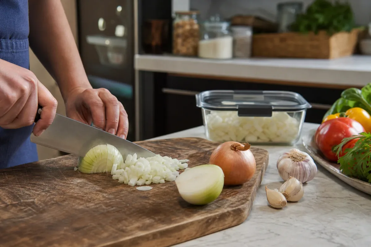 Editorial photo: How to Stop Onions from Making You Cry (pro techniques tip) — realistic home-kitchen scene with visible tools and ingredients in natural light