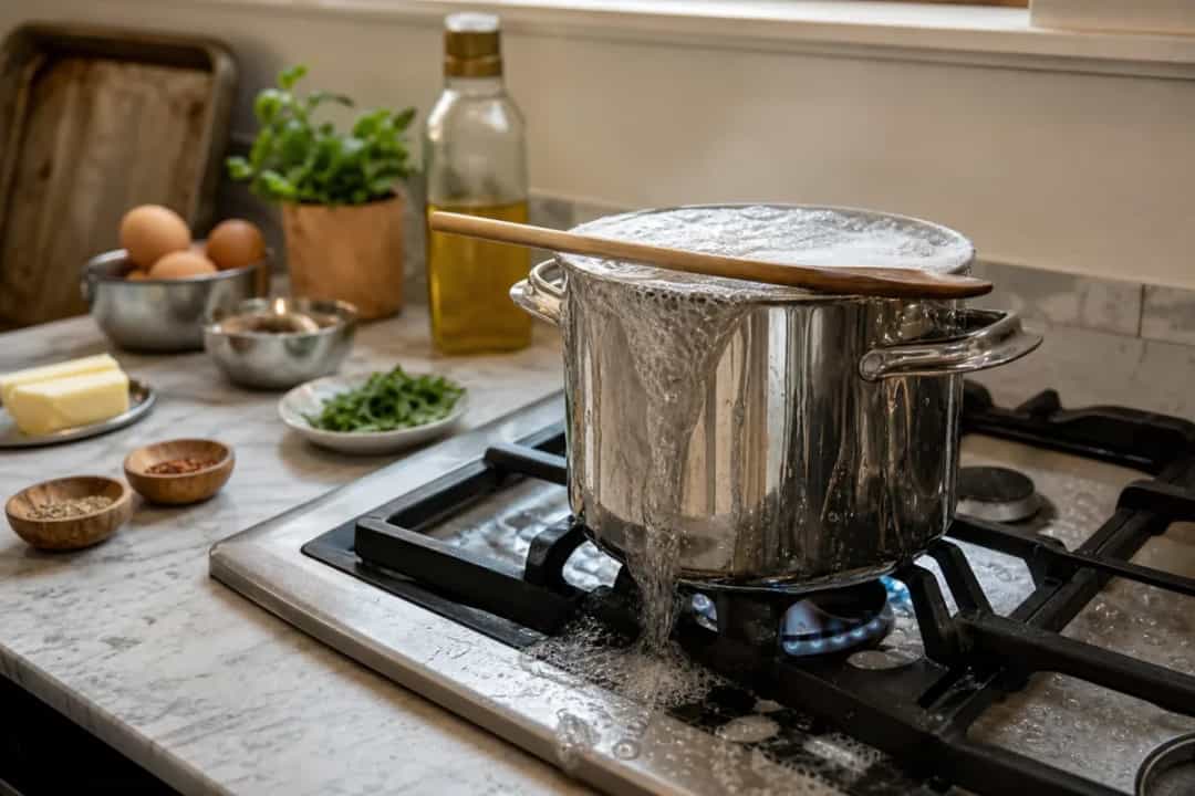 Editorial photo: How to Stop Water from Boiling Over – 7 Easy Tricks (quick fixes tip) — realistic home-kitchen scene with visible tools and ingredients in natu
